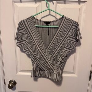 Dynamite Grey & Blue Stripe Wrap Front Flutter Sleeve Crop Top – Size S